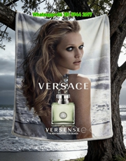 Versace Versense Perfume Ad with Beach and Model Print Flannel Throw Blanket in Light Green Blue and Neutral Tones IMG_1585